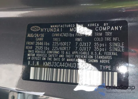 2017 Hyundai Tucson Se z USA, uszkodzony, nr VIN KM8J3CA40HU315072